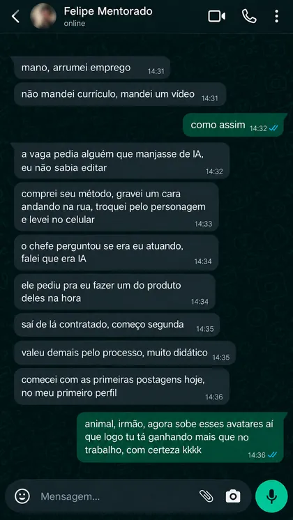 Conversa no WhatsApp com o aluno Felipe: conseguiu um emprego mostrando um vídeo feito com o método em vez de currículo